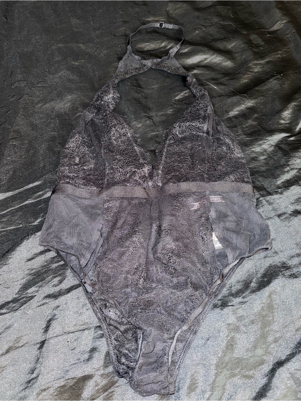 Victoria’s Secret Black Lace Halter Teddy Bodysuit Sheer Mesh Lingerie NWOT SZ M